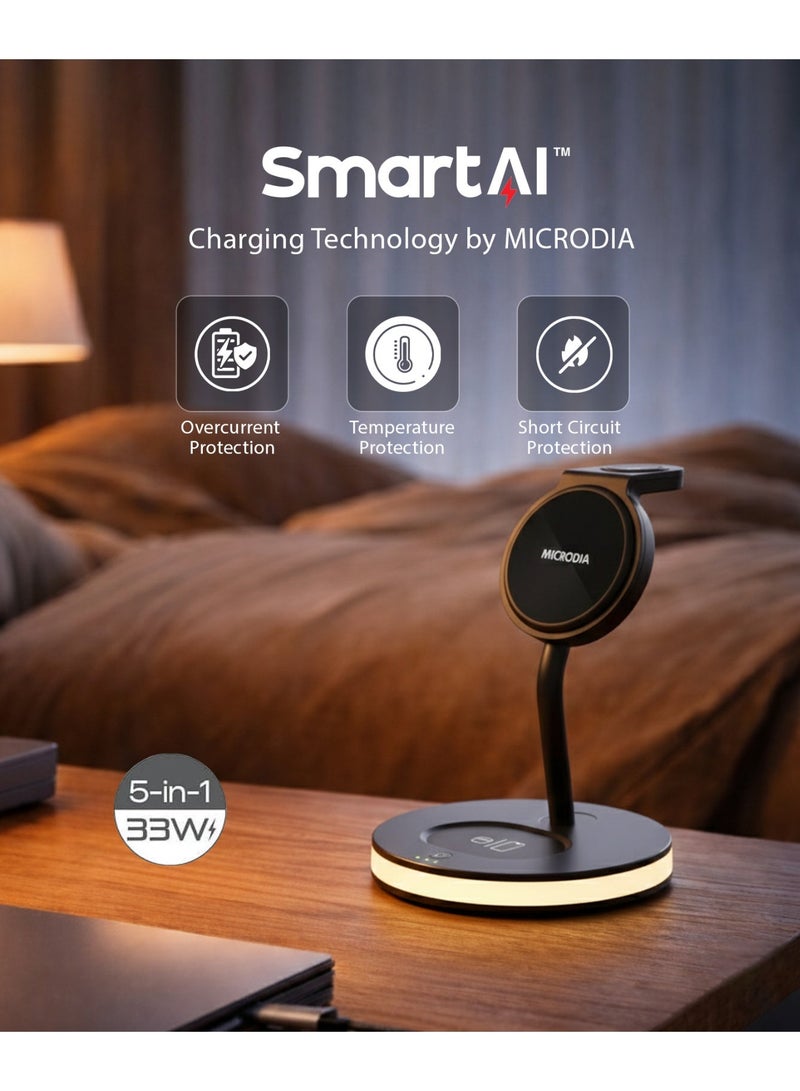 MICRODIA SNAPStation™ELITE 33W 5-in-1 Magnetic Wireless Charging Station – MagSafe Charger Stand with Adjustable Ambient Lighting, Fast Qi Wireless Charger for iPhone 16/15/14/13, AirPods & Watch - Image 2